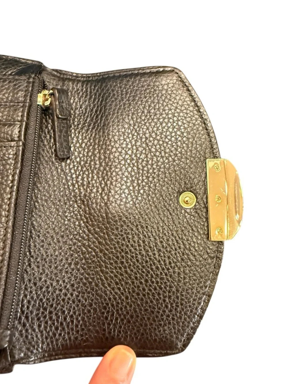 Kate Spade Black Pebbled Leather Tri Fold Wallet with Gold-Tone Logo Closure